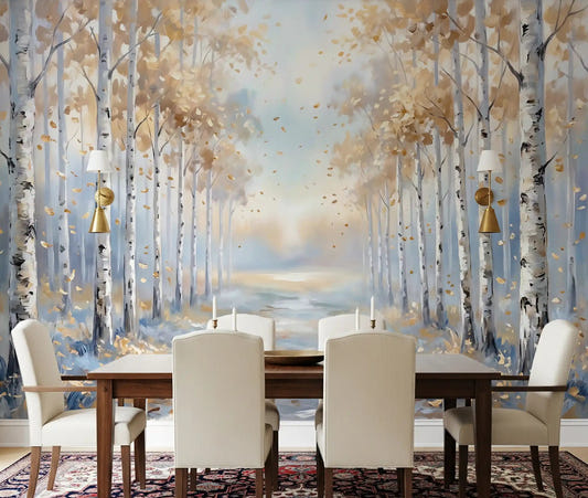 Golden Birch Path Wall Mural with yellow autumn leaves for dining room.