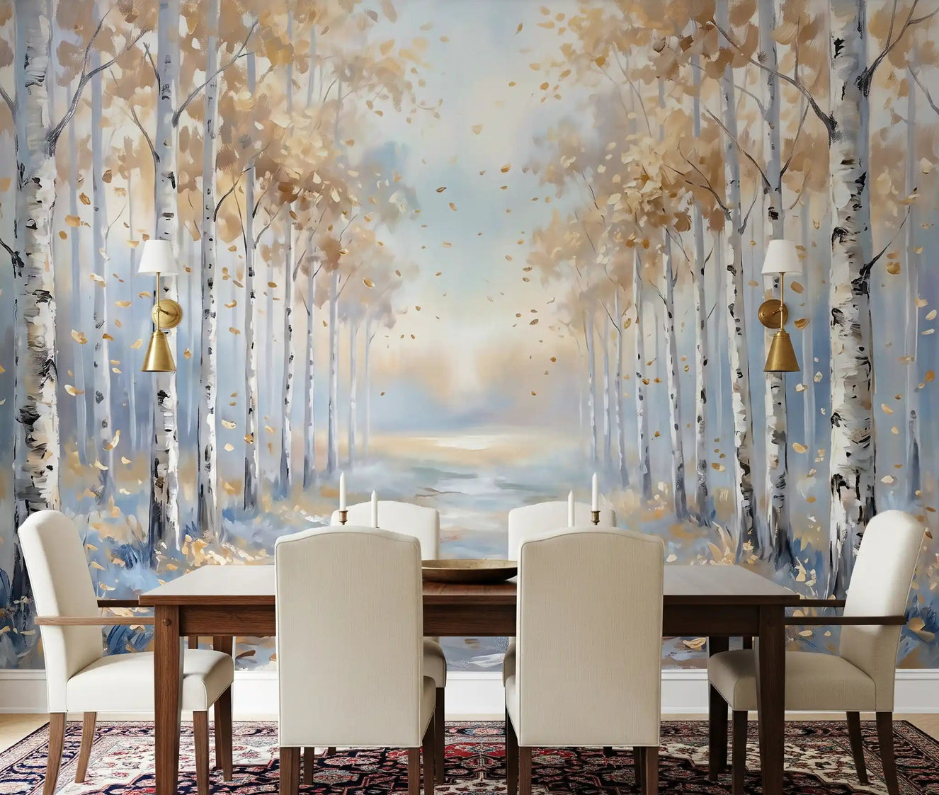 Golden Birch Path Wall Mural with yellow autumn leaves for dining room.