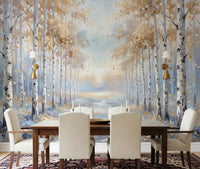 Golden Birch Path Wall Mural with yellow autumn leaves for dining room.