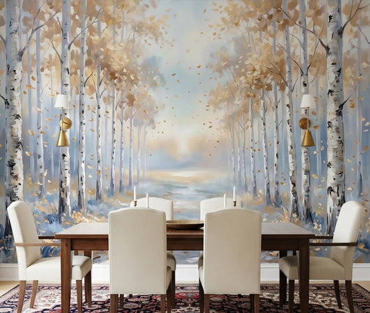 Golden Birch Path Wall Mural with yellow autumn leaves for dining room.