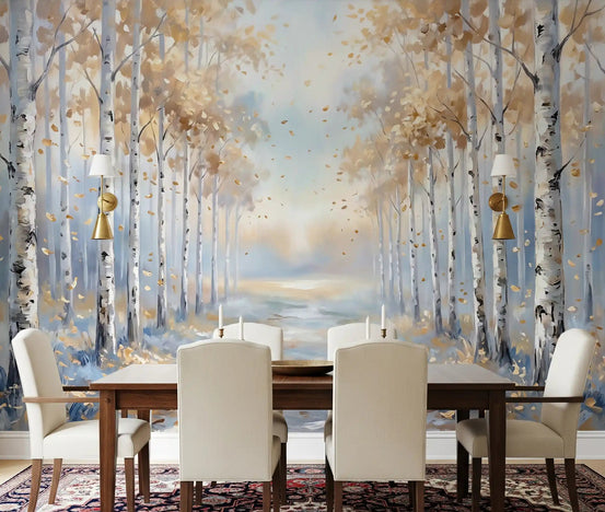 Golden Birch Path Wall Mural with yellow autumn leaves for dining room., GD9892
