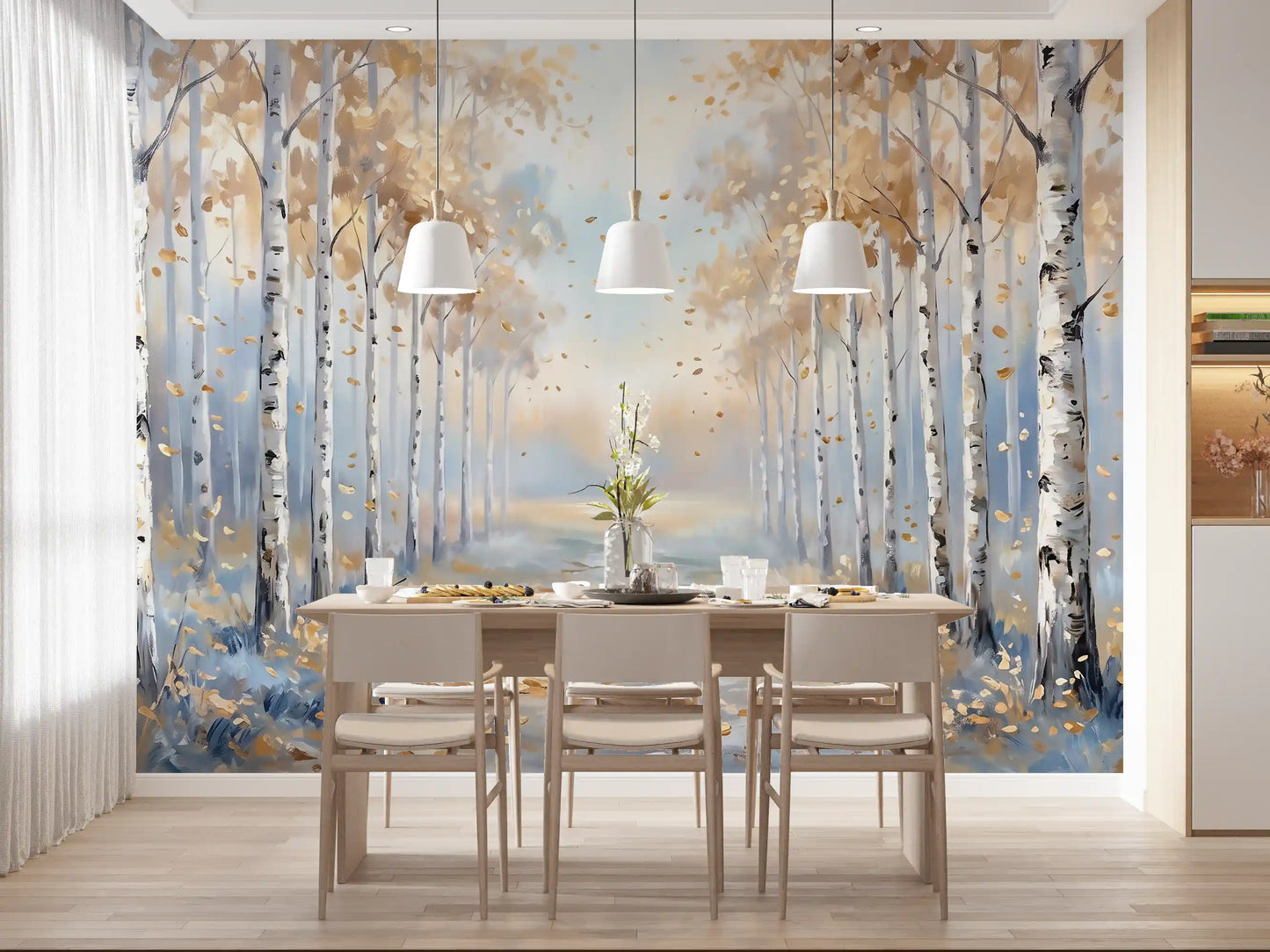 Golden leaf woodland wall mural offering an artistic nature background