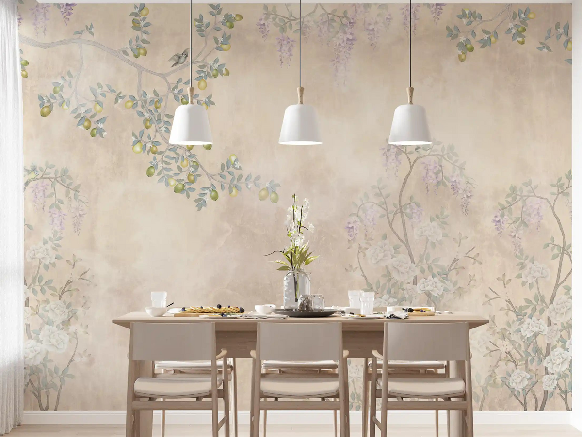 Wisteria & Lemon Blossom Serenity Cream Wall Mural for interior dining areas., GD9893
