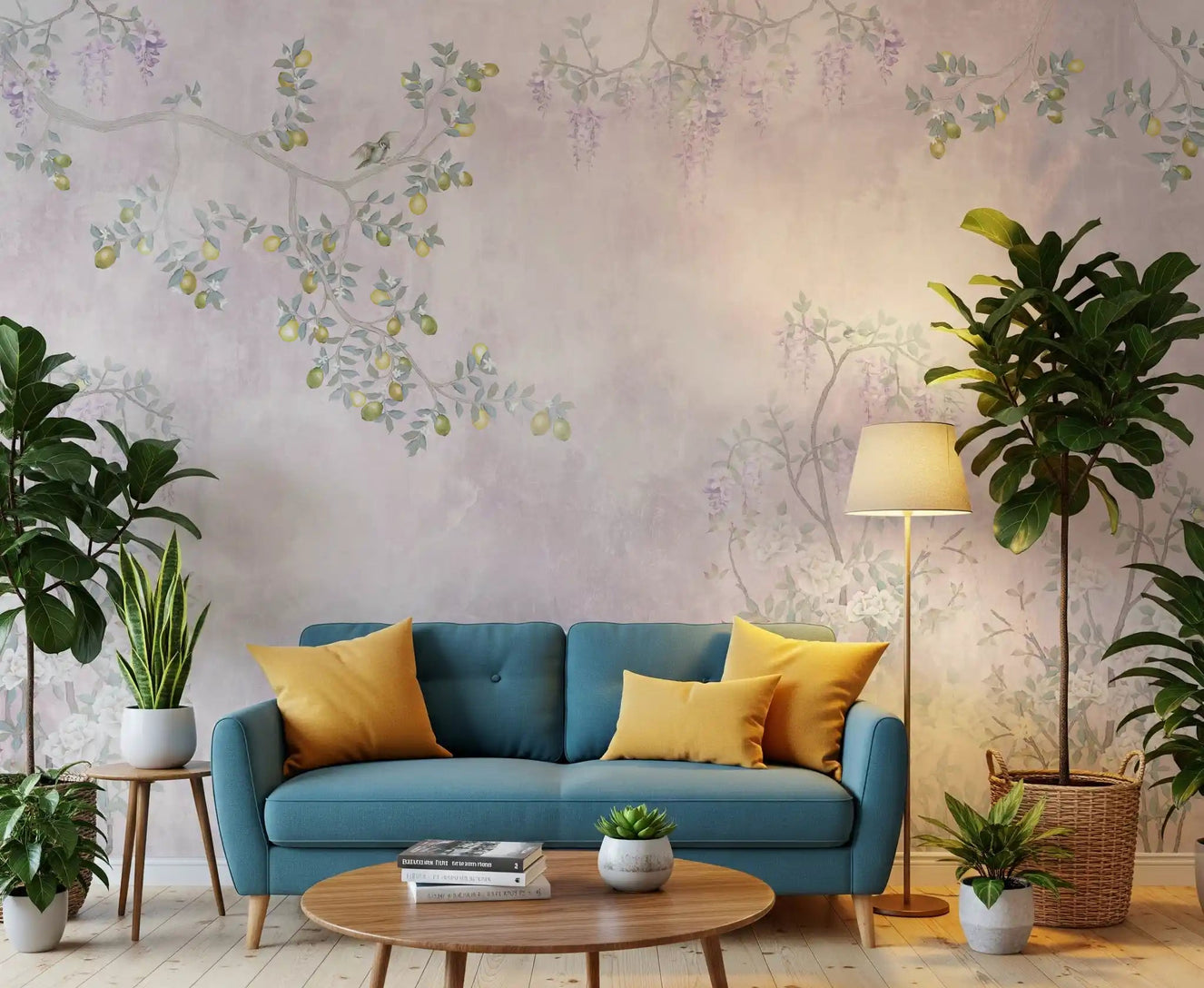 Wisteria blooms cascade across blush pink wall mural with lemon branch detail
for hallway.