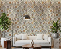Living room feature wall in Nordic folk bloom wallpaper above sofa with and brass lamp., GD9895