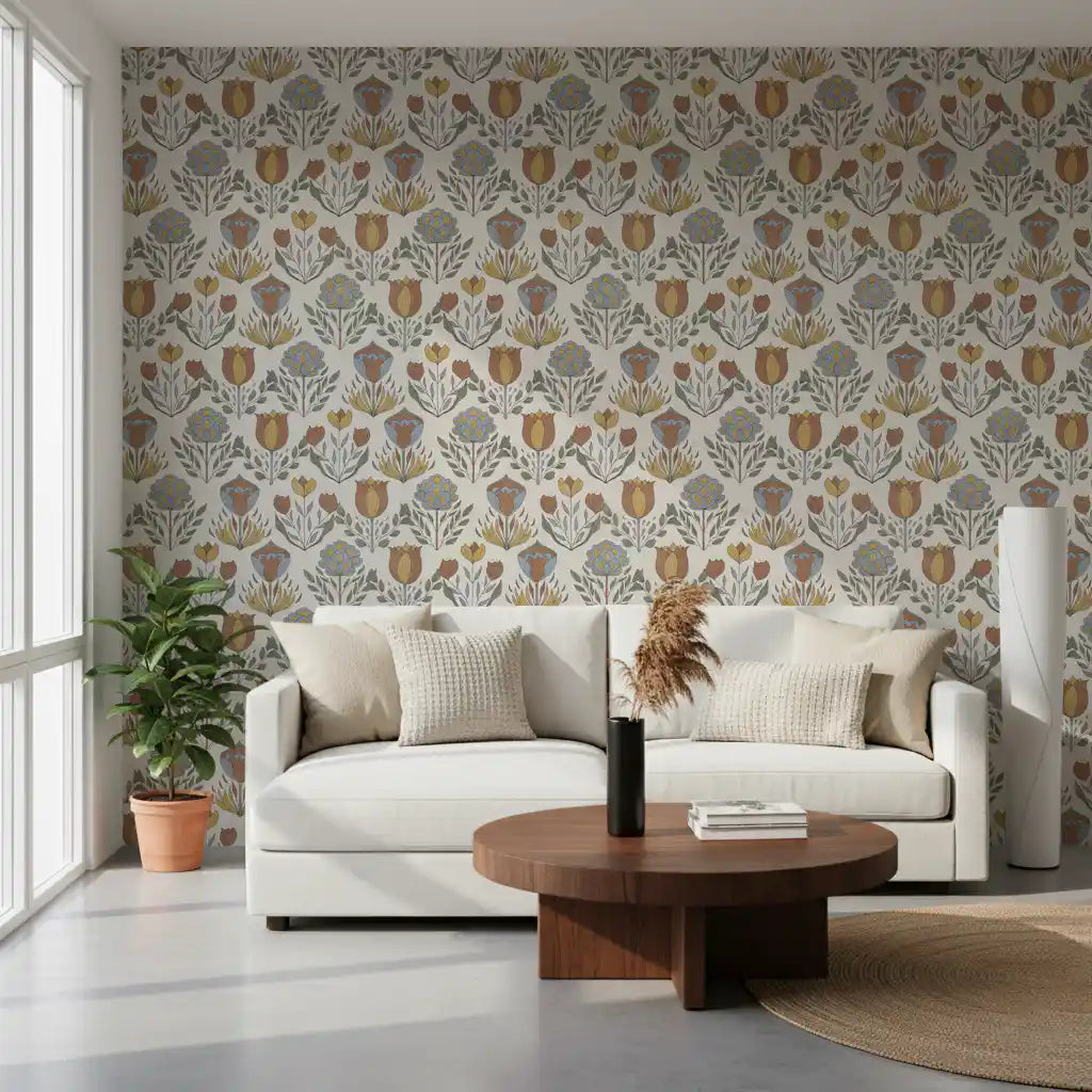 Living room wall in Nordic folk bloom wallpaper with mustard yellow tulips and sage green leaves on a cream ground., GD9895