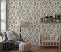 Nursery wall in Nordic folk bloom wallpaper with cream base and warm terracotta dusty blue and sage floral pattern., GD9895