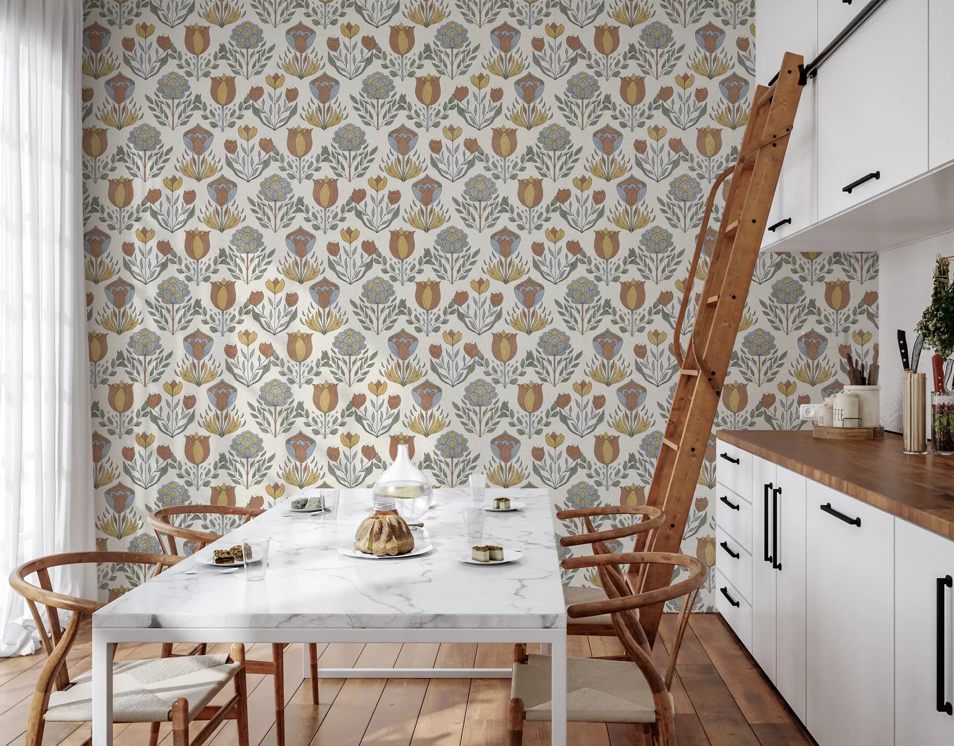 Repeat detail of Nordic folk floral wallpaper with symmetrical tulip and peony motifs in earthy mustard and sage tones, GD9895