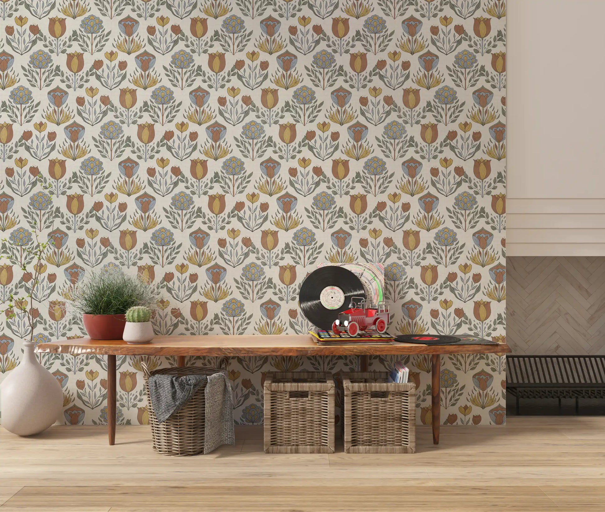 Nordic folk bloom wallpaper behind oak wooden table in hallway., GD9895