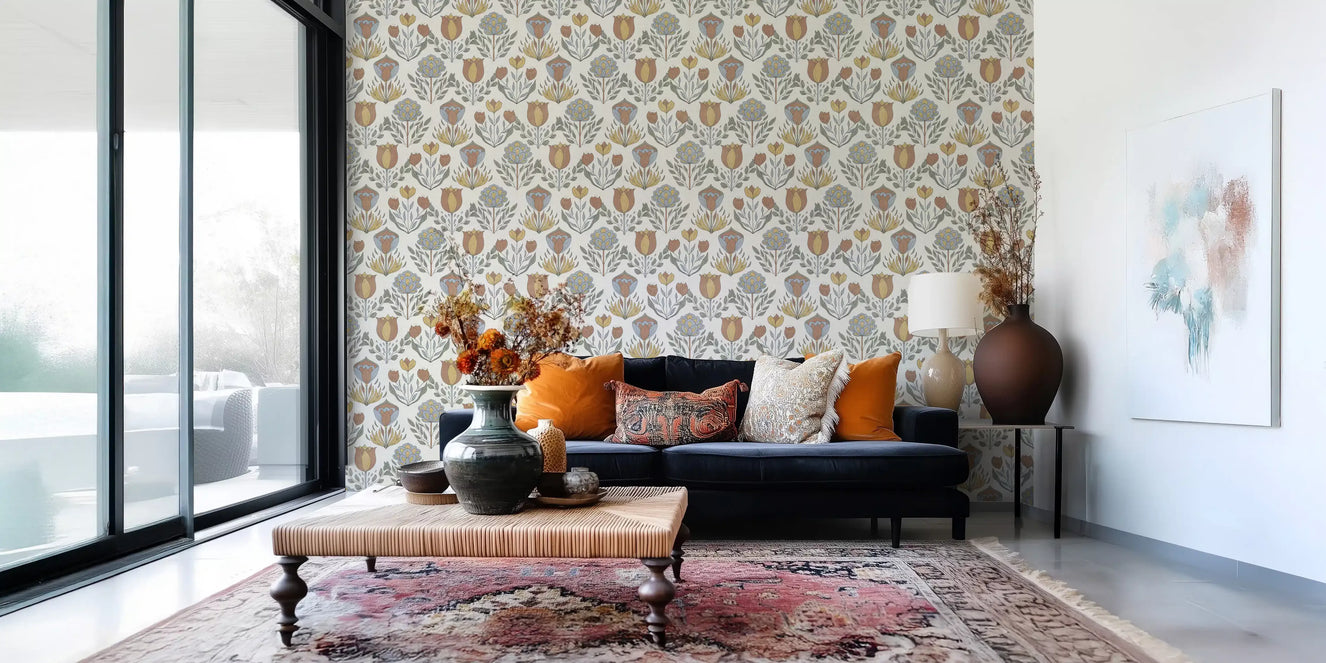 Nordic folk bloom wallpaper with stylised tulips and ornamental flowers in terracotta.