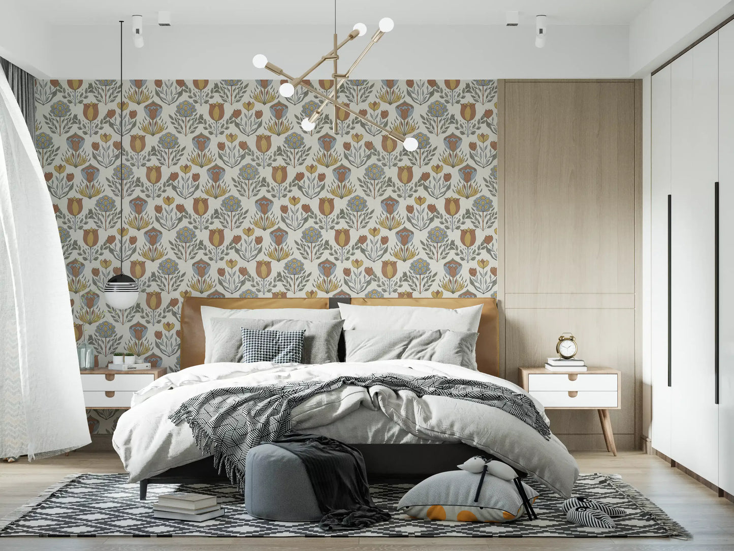 Nordic folk bloom wallpaper showing folk-art tulips and trailing sage green leaves on cream., GD9895
