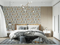 Nordic folk bloom wallpaper showing folk-art tulips and trailing sage green leaves on cream., GD9895