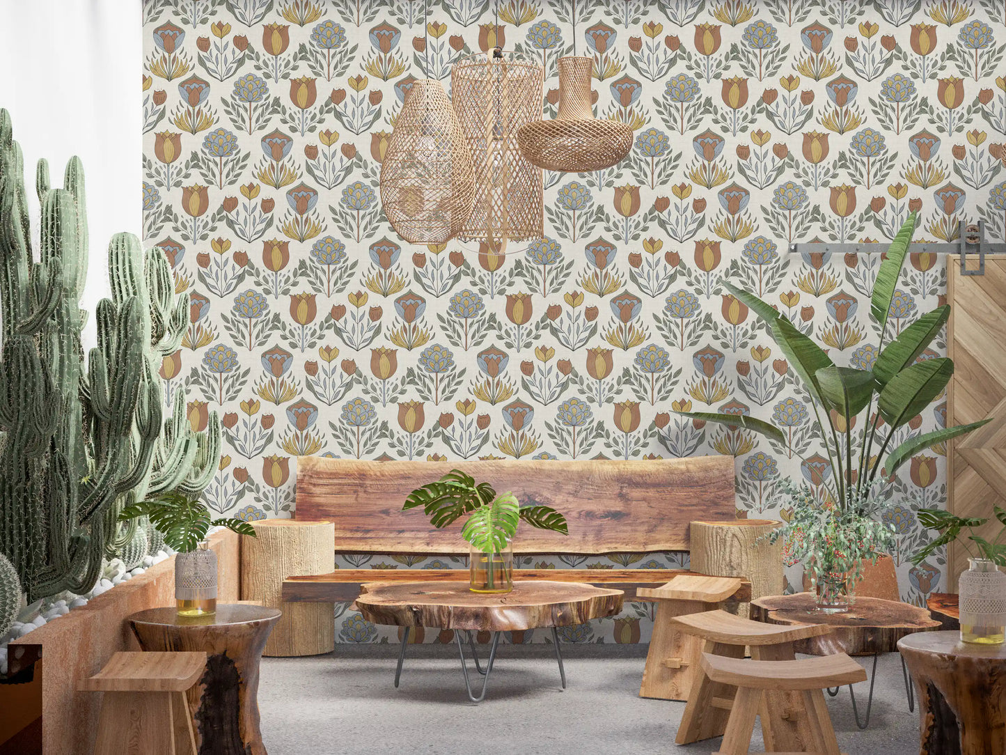 Closeup of mustard yellow tulip and dusty blue ornamental bloom motif on cream linen-look wallpaper surface., GD9895