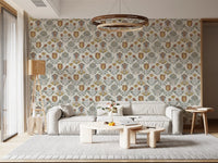 Folk-art tulip pattern showing rust and dusty blue petals over linen-textured cream wallpaper., GD9895