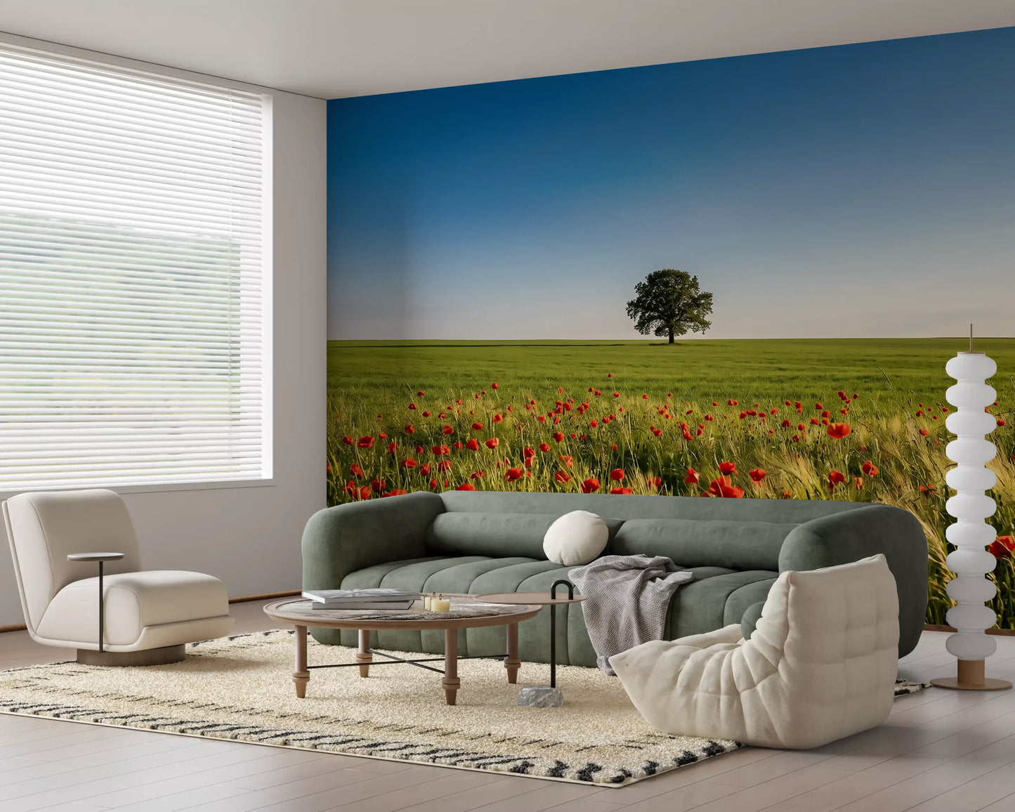 Red poppy and green grass mural backdrop behind a lounge sofa., GD9896