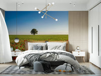 Open meadow wall mural with clear summer sky in modern bedroom., GD9896