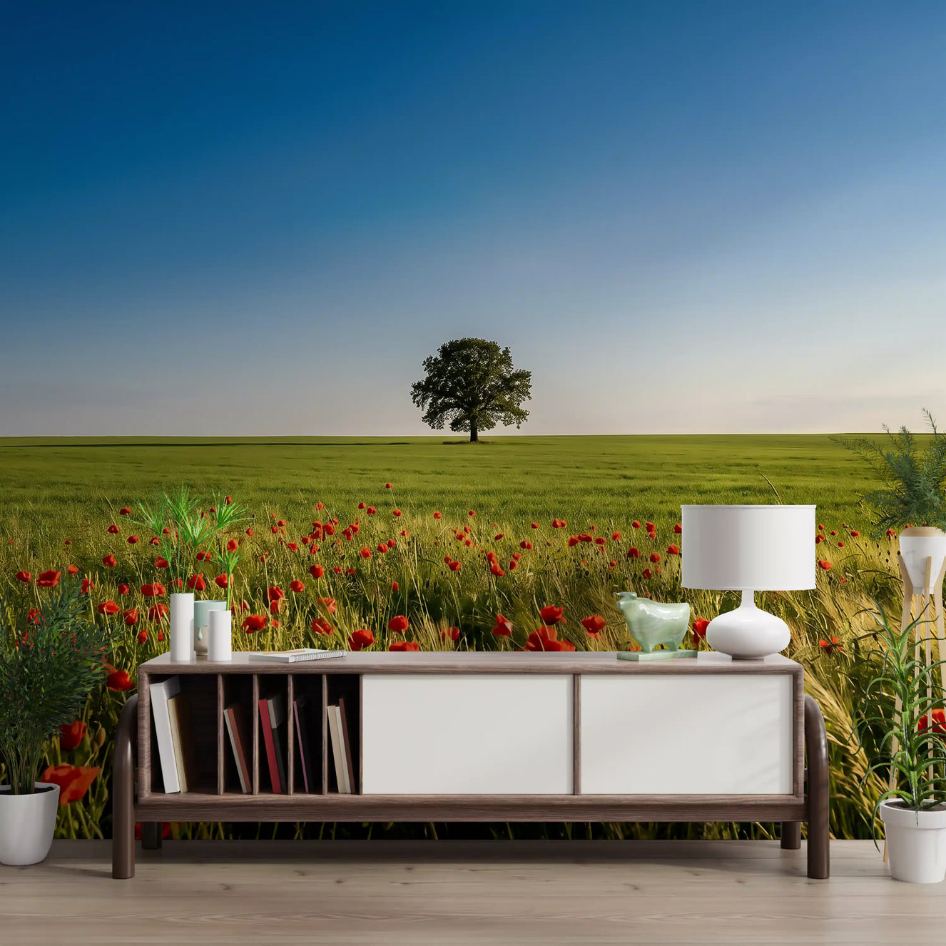 Peaceful summer meadow wall mural in a hallway area.
