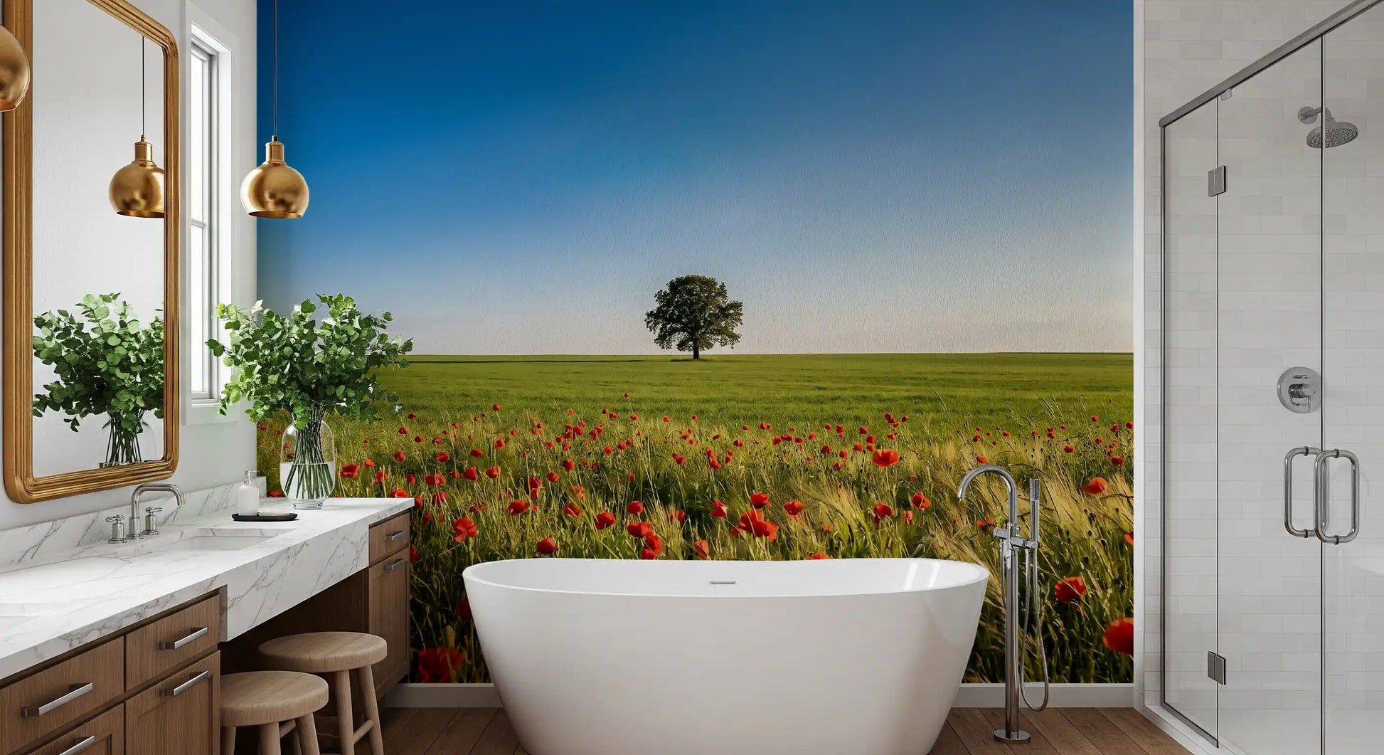 Horizon meadow mural with single tree in cozy bathroom., GD9896