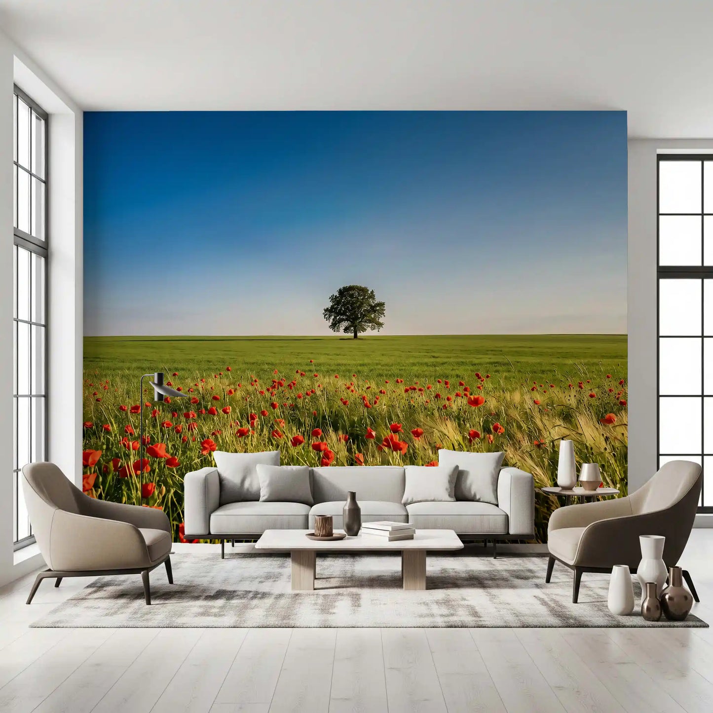 Vibrant meadow horizon wall mural with red poppies and lone tree., GD9896