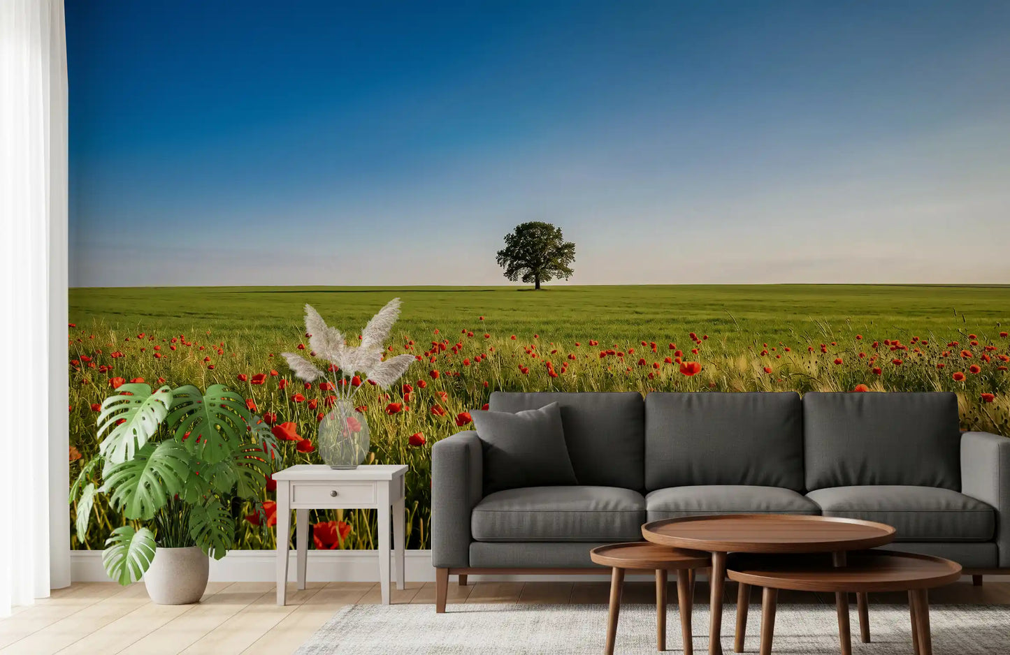 Poppy field landscape mural across living room accent wall., GD9896