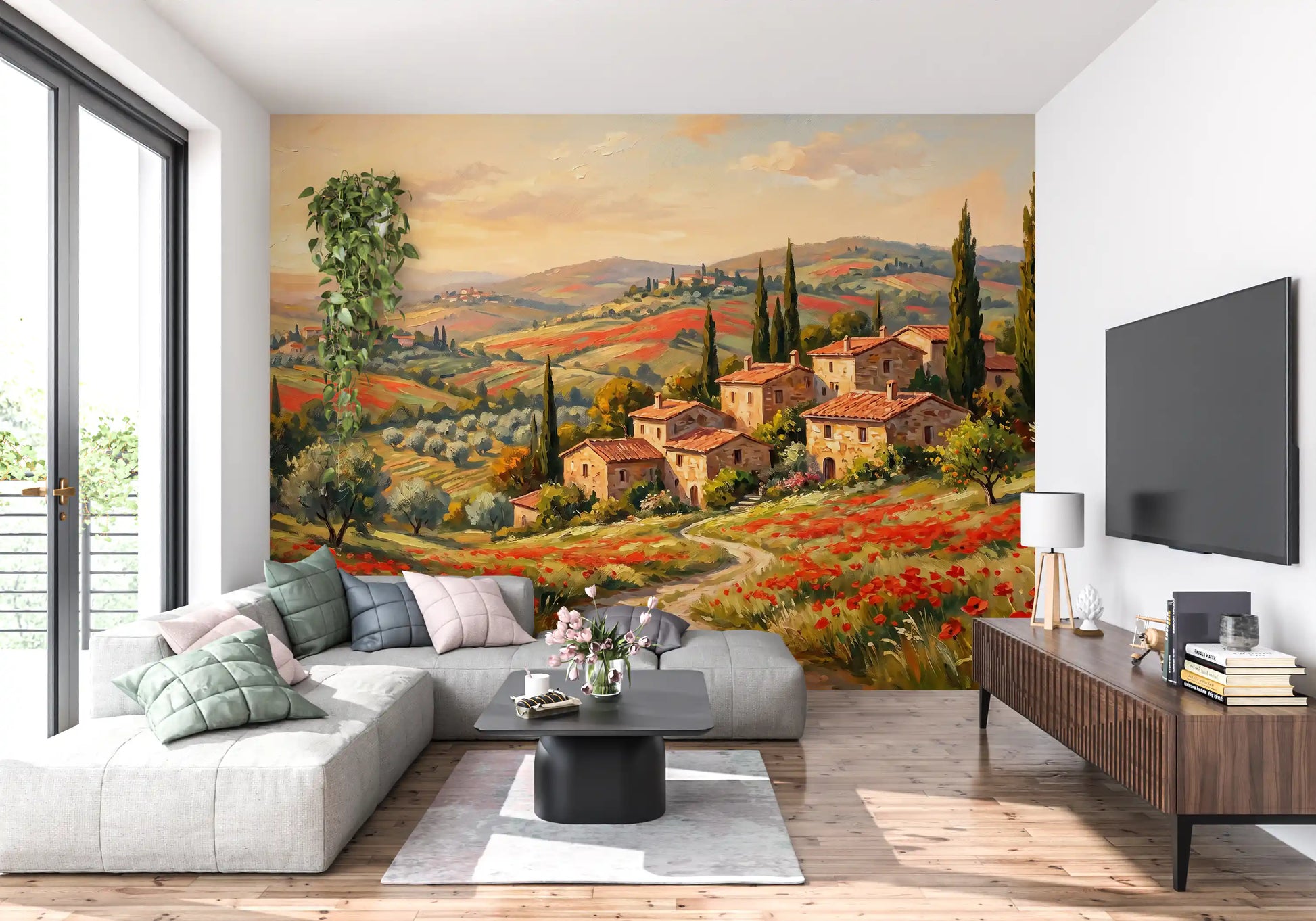 Panoramic Tuscan villa wall mural with poppies and olive groves in bright living room., GD9897