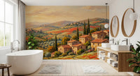 Painterly Tuscan landscape wall mural featuring cypress trees and a hillside village in bathroom., GD9897