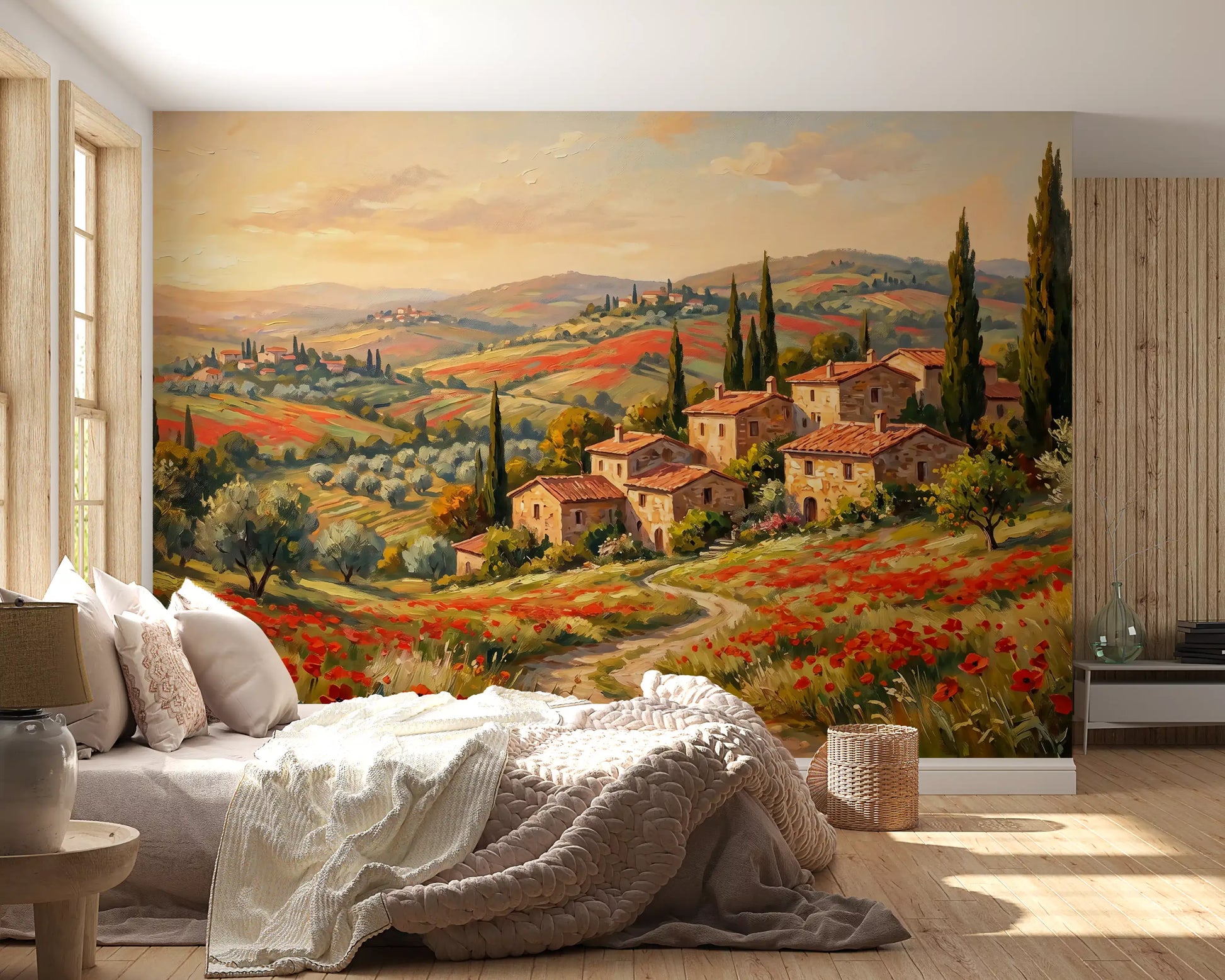 Red poppy meadow mural with farmhouses and golden sunset sky in a bedroom., GD9897