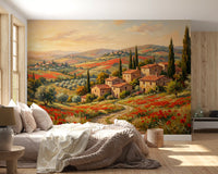 Red poppy meadow mural with farmhouses and golden sunset sky in a bedroom., GD9897