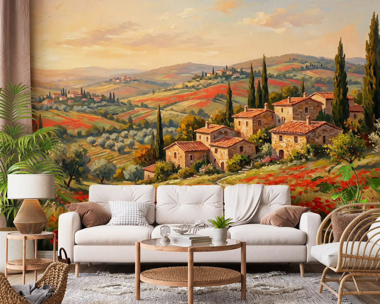 Scenic countryside mural with red poppies and olive trees behind sofa in living room.