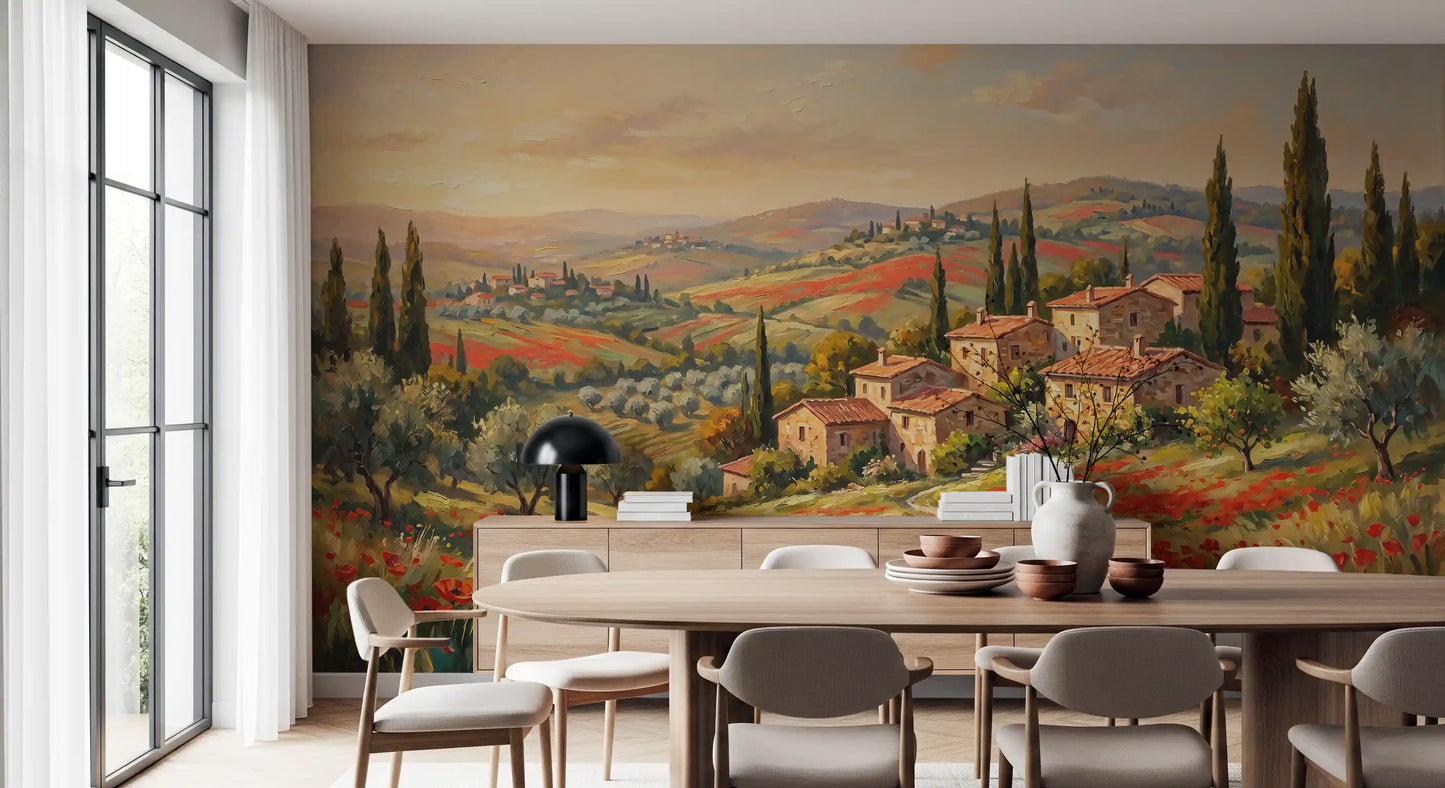 Rustic Tuscan village wall mural with rolling green hills and warm sunset sky., GD9897