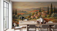 Rustic Tuscan village wall mural with rolling green hills and warm sunset sky., GD9897