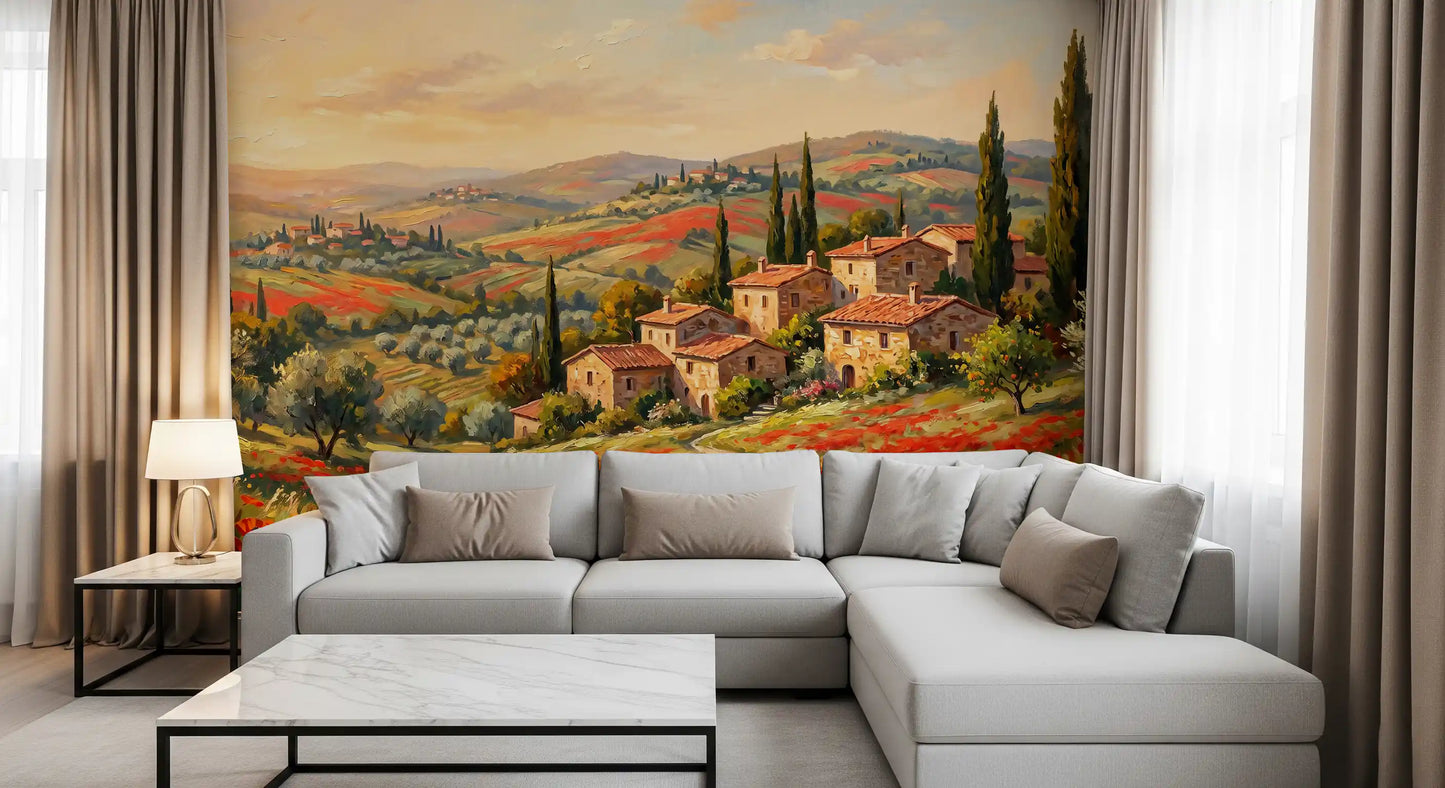 Vintage style poppy field mural with olive trees and stone villas in a living room, GD9897