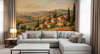 Vintage style poppy field mural with olive trees and stone villas in a living room, GD9897