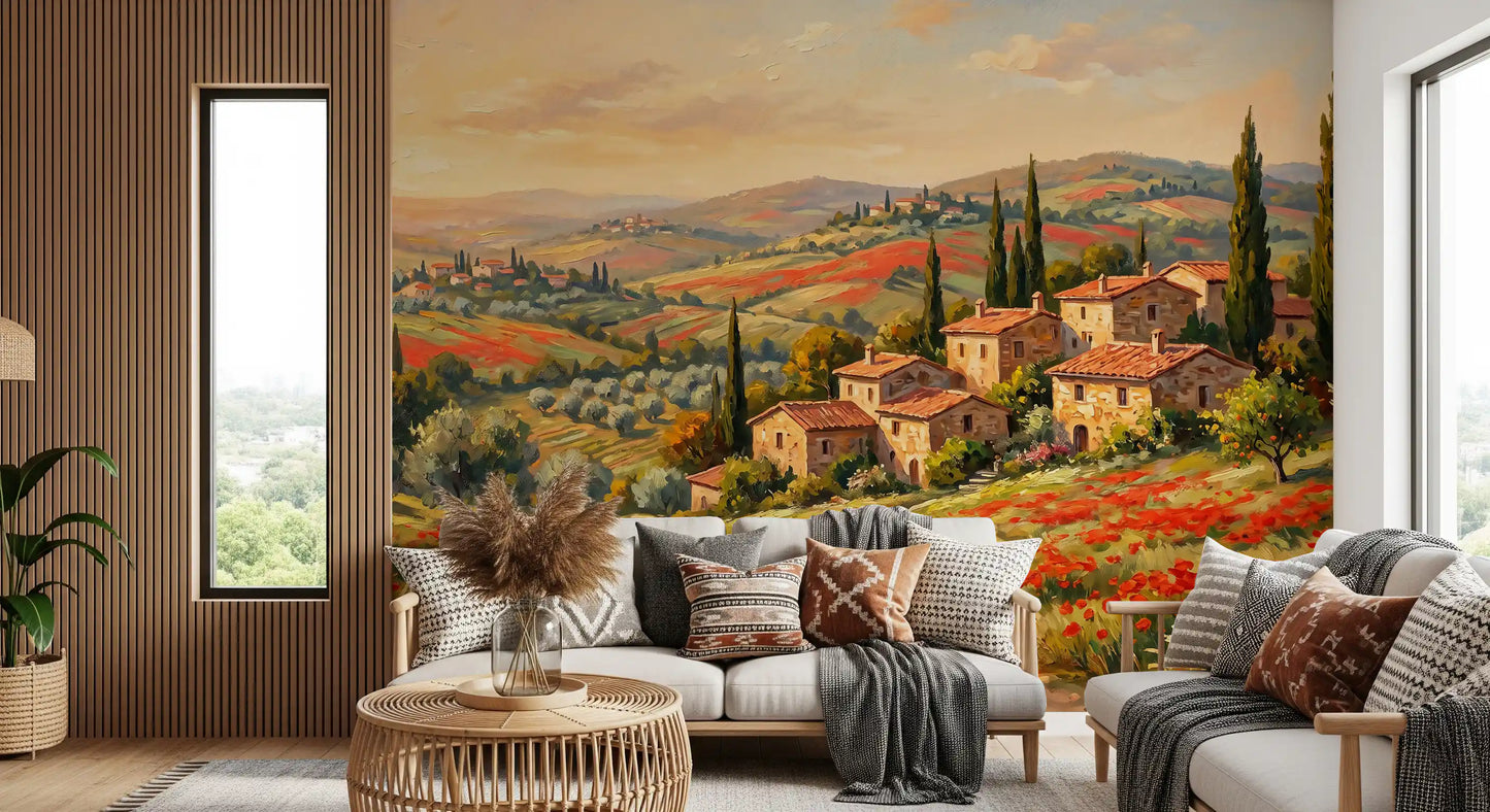 Tuscan poppy field wall mural with stone villas and cypress trees on rolling hills, GD9897