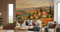 Tuscan poppy field wall mural with stone villas and cypress trees on rolling hills, GD9897