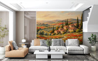 Mediterranean landscape wall mural showing poppy fields and cypress trees, GD9897