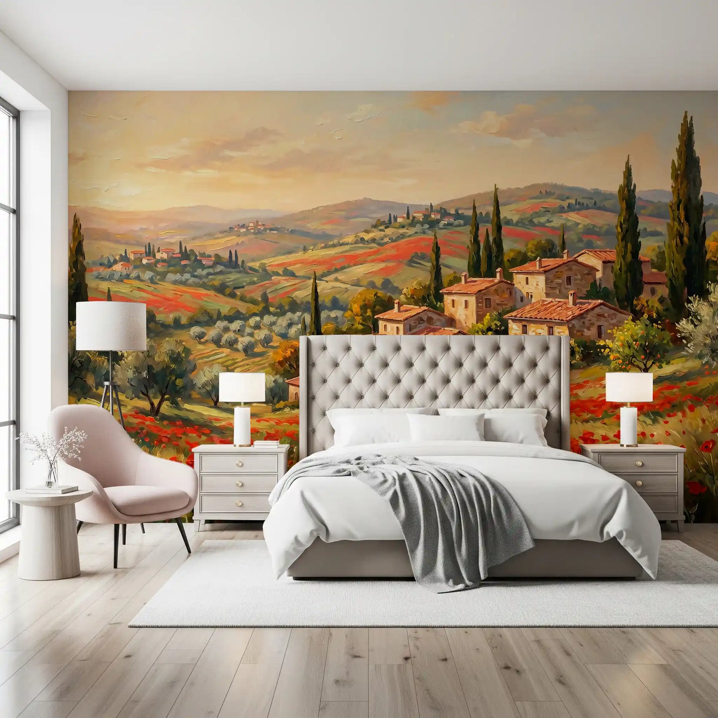 Countryside landscape mural with cypress trees and stone houses on a bedroom wall, GD9897