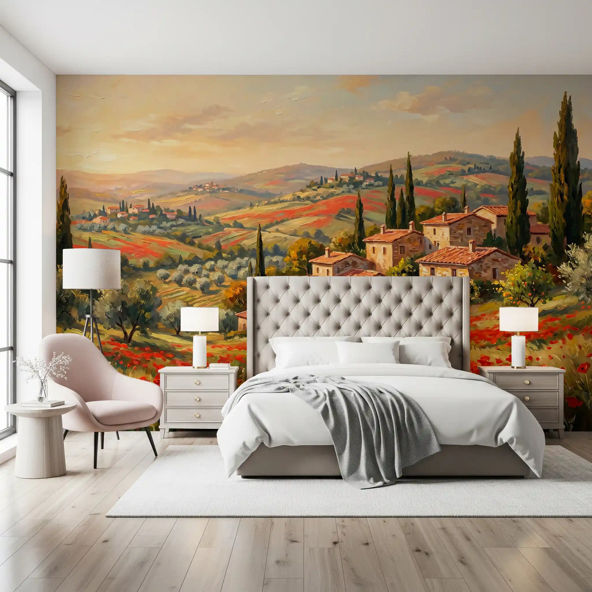 Countryside landscape mural with cypress trees and stone houses on a bedroom wall, GD9897
