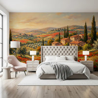 Countryside landscape mural with cypress trees and stone houses on a bedroom wall, GD9897