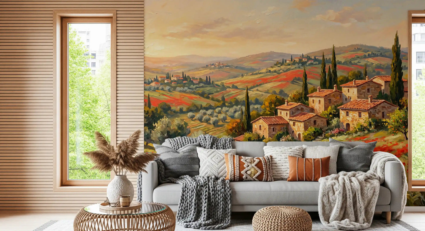 Sunlit hillside mural with red poppies and rustic farmhouses in a hallway corner., GD9897