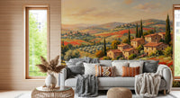 Sunlit hillside mural with red poppies and rustic farmhouses in a hallway corner., GD9897