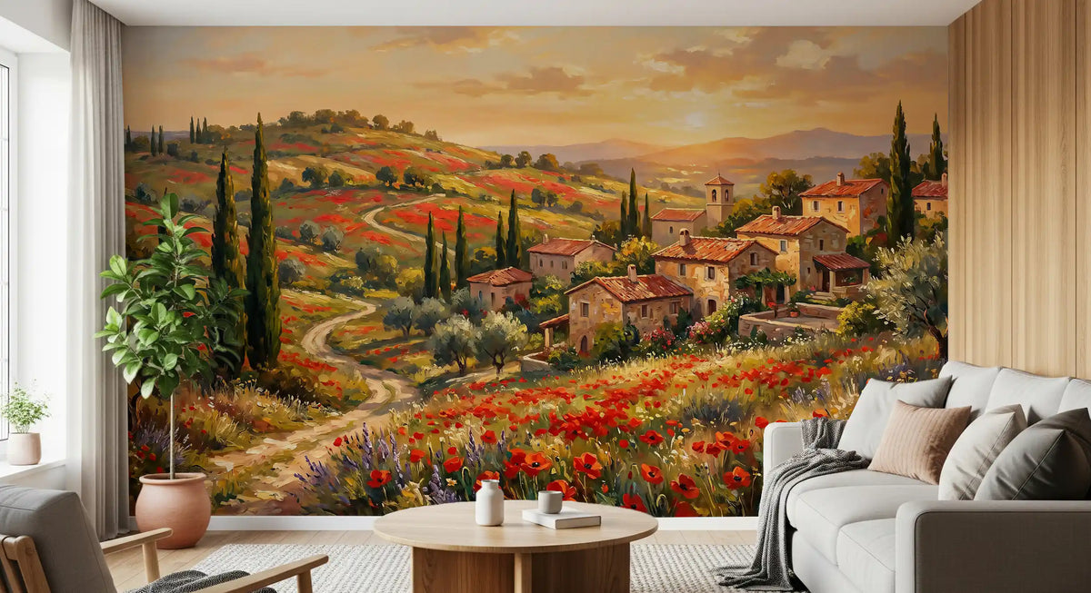 Soft Tuscan dusk pours from the poppy village wall mural for living room., GD9898