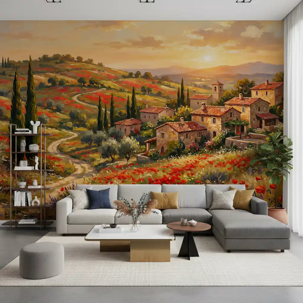 Red poppy fields run toward an Italian hill village in this painted dusk wall mural, GD9898