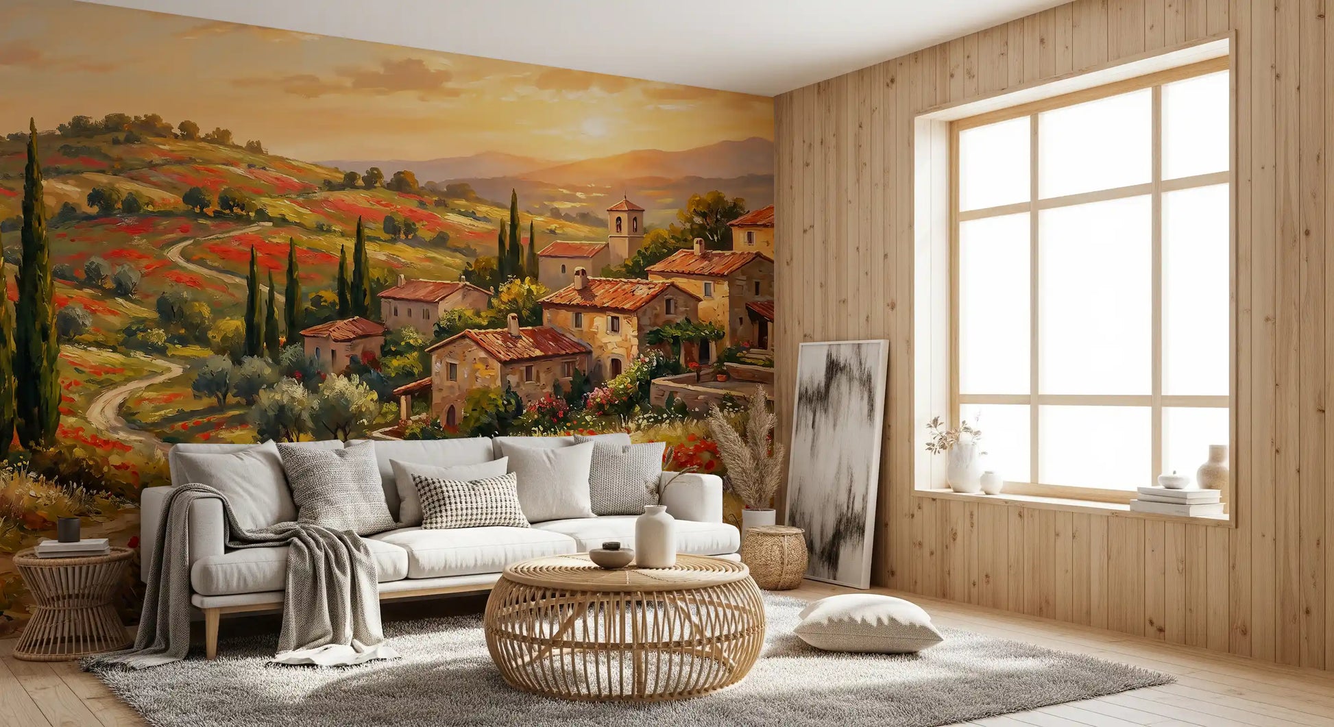 Cypress trees and stone houses sit across the Tuscan Poppy Village Dusk wall mural., GD9898