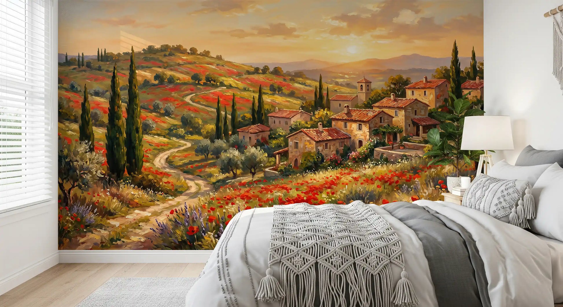 Tuscan hillside painting mural for modern bedroom accent wall design., GD9898