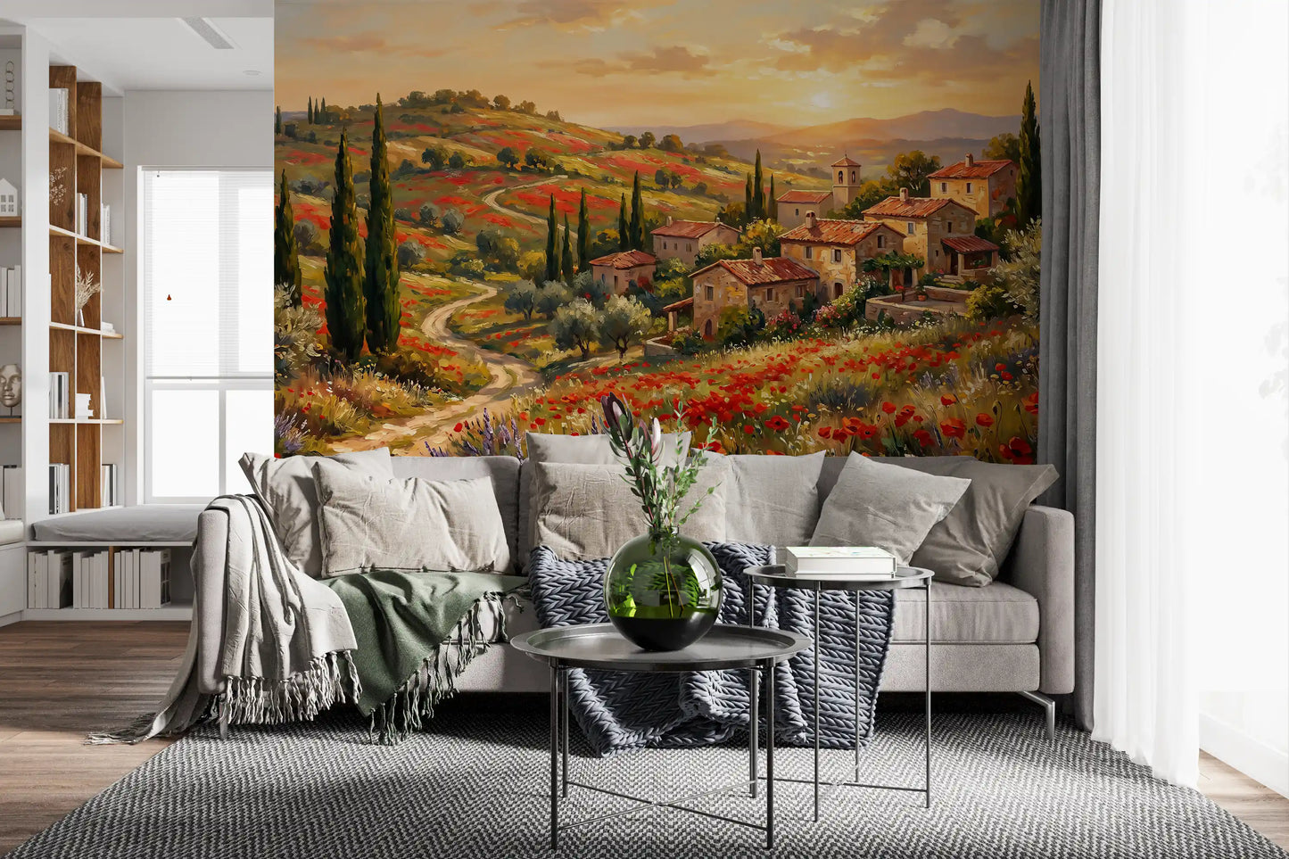 Tuscan Poppy Village Dusk Wall Mural for living room warm colors styling., GD9898
