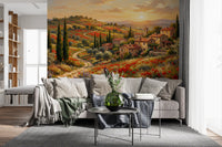 Tuscan Poppy Village Dusk Wall Mural for living room warm colors styling., GD9898
