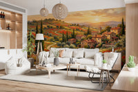 Sunset over a Tuscan hillside village rendered in soft brushwork on wall mural., GD9898
