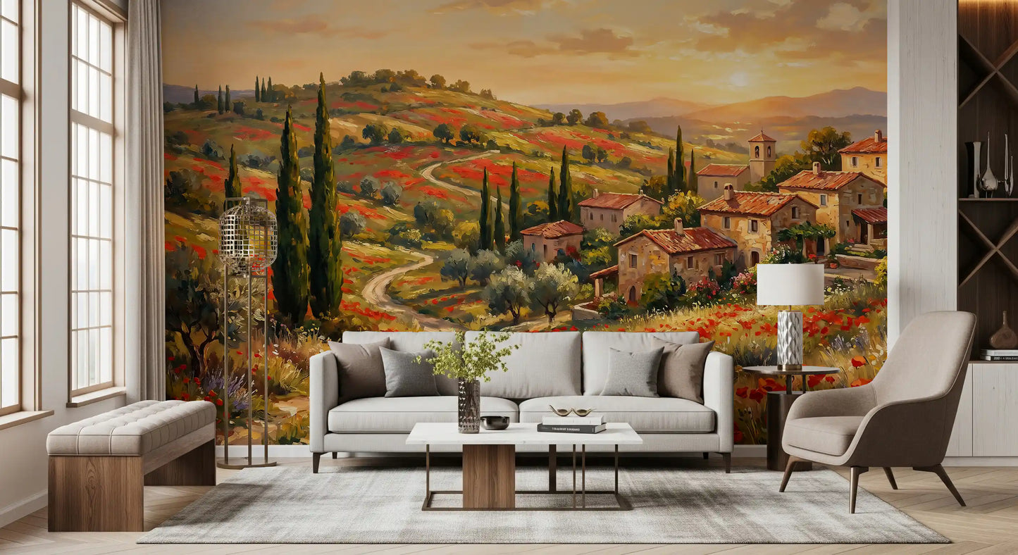 Painted Italian dusk hills wall mural bring a slow tone to the living room., GD9898