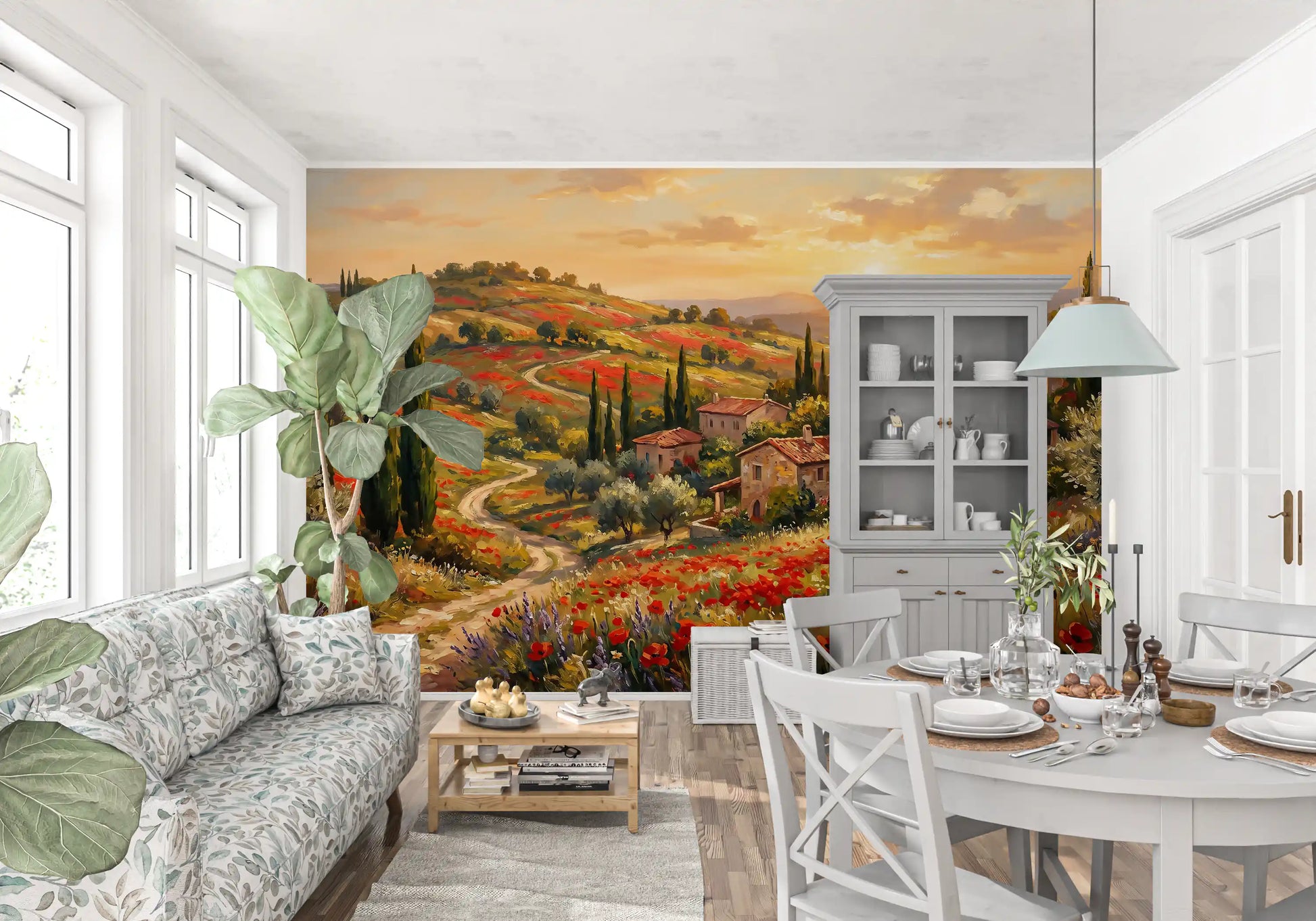 Warm sunset hues fill the dining room through an Italian poppy village wall mural, GD9898